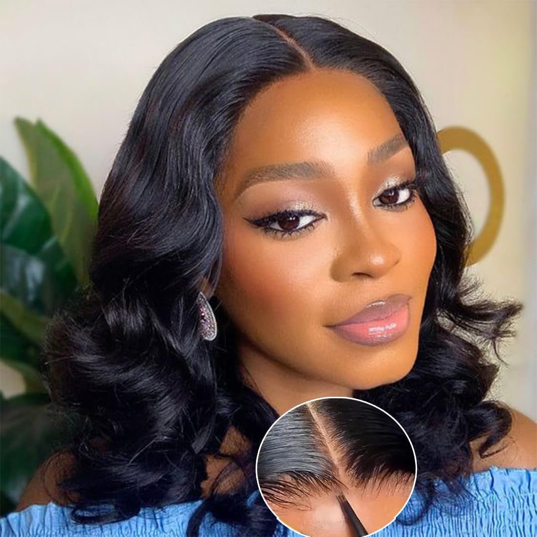 Glueless Wig Human Hair Wear and Go Pre Plucked 4X4 HD Lace Front Pre Cut Body Wave Lace Front Wigs Natural Hairline Wigs Natural Color 180 Density (16 Inch)