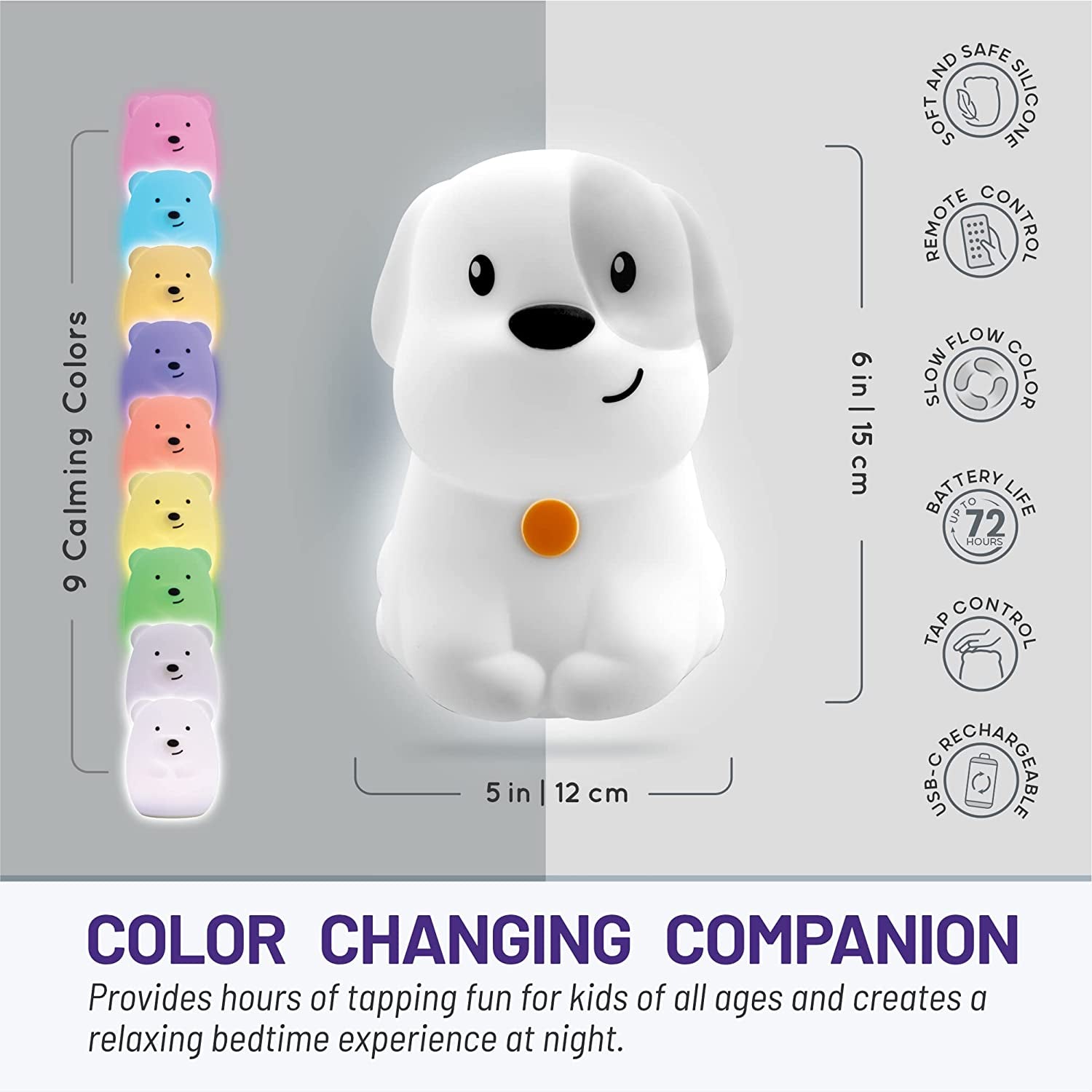 Pepper the Puppy Dog Squishy Silicone Night Light for Kids | Cute Night Light with Remote & Touch Control for Baby & Toddler Bedrooms | Color Changing Animal Lamp | Soft Portable Nightlight