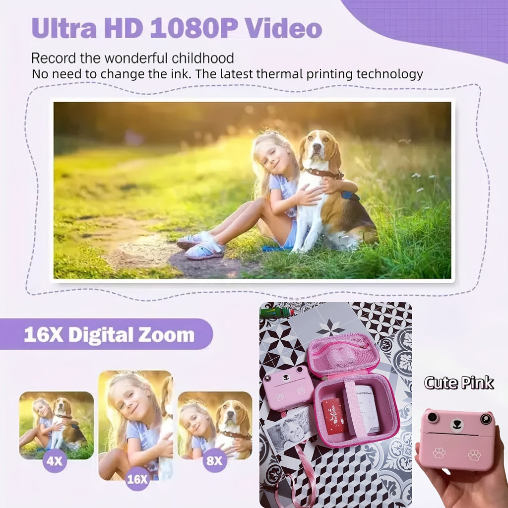 Mini Instant Print Camera for Kids – Thermal Printer, USB Rechargeable, Birthday Gift Set