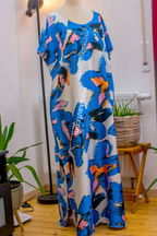 Luxury Crepe Silk Boubou Maxi Dress | One Size Free (S–L) | 140cm | Ocean Abstract