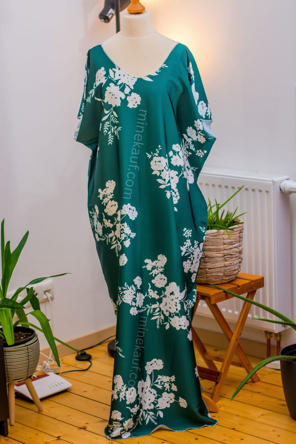 Luxury Crepe Silk Boubou Maxi Dress | One Size Free (S–L) | 140cm | Emerald Green Floral