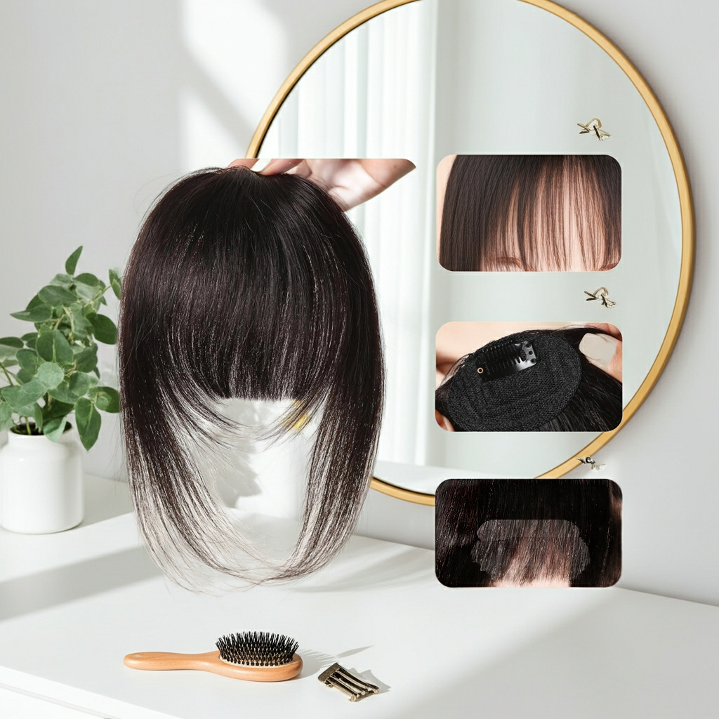 100% Human Hair Clip-In Bangs with Sideburns – Natural Blunt Fringe, Real Remy Hair, Easy Clip Attachment, Instantly Transforms Your Look