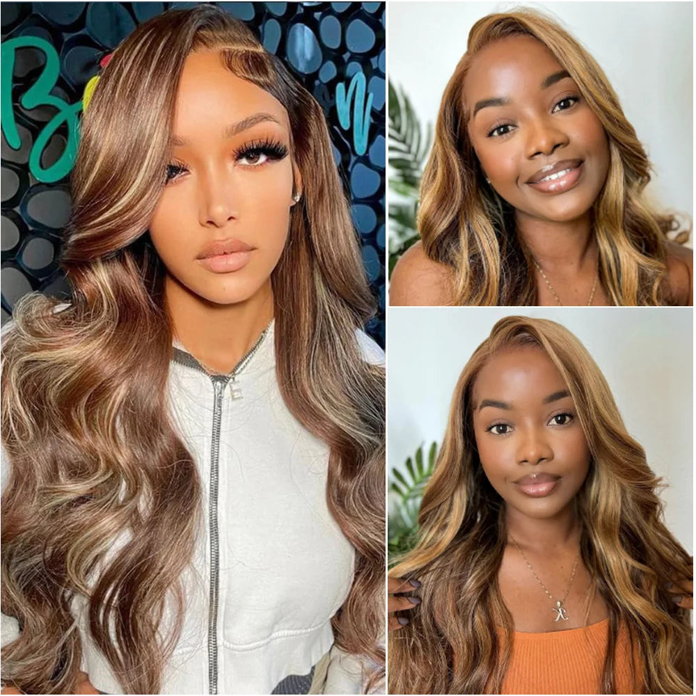 P4/27 Blonde Body Wave HD Lace Frontal Echthaarperücke | 100 % brasilianische Echthaarperücke mit Lace-Front, kleberlos, Klavierlackfarbe