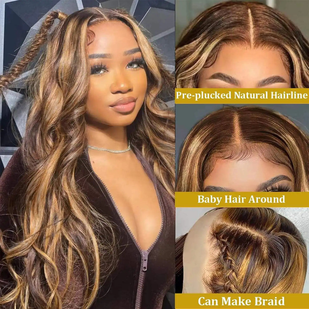 P4/27 Blonde Body Wave HD Lace Frontal Echthaarperücke | 100 % brasilianische Echthaarperücke mit Lace-Front, kleberlos, Klavierlackfarbe