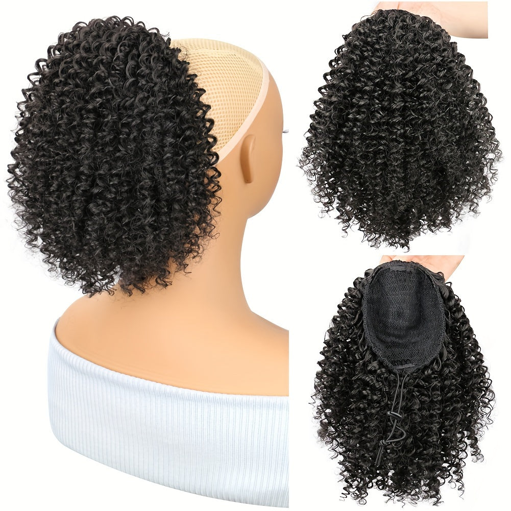 Short Afro Kinky Curly Drawstring Ponytail – 25cm Voluminous Synthetic Clip-In Extension for Effortless Natural Style