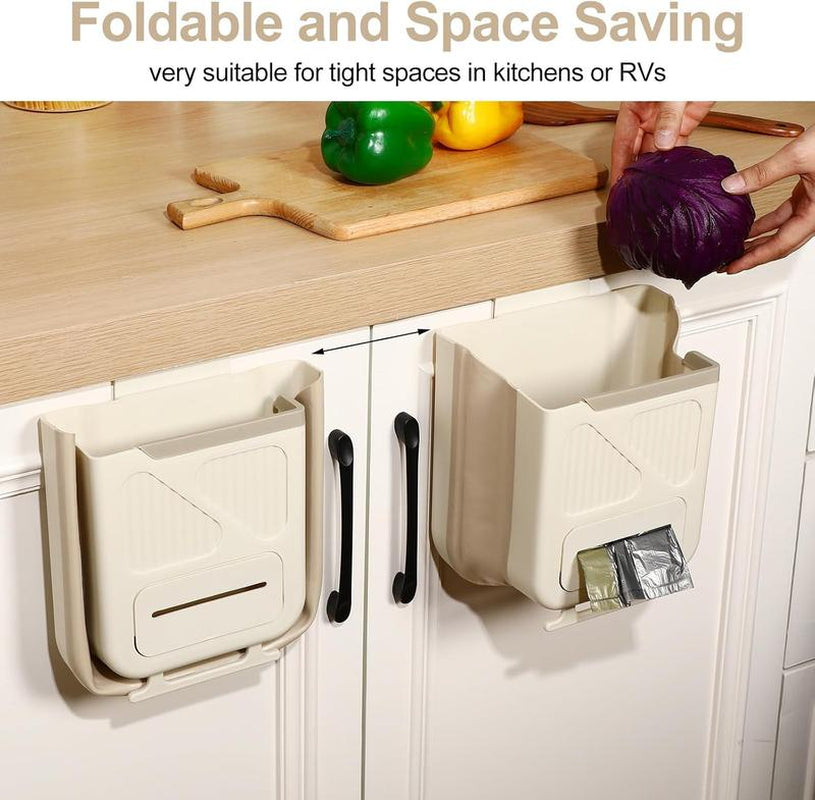 Foldable Kitchen Trash Can with Lid – Hanging Garbage Bin & Organizer, Space-Saving Kitchen Waste Management Bucket, Household Storage Accessory for Home, Cabinets, Bathroom, RV, and Camping