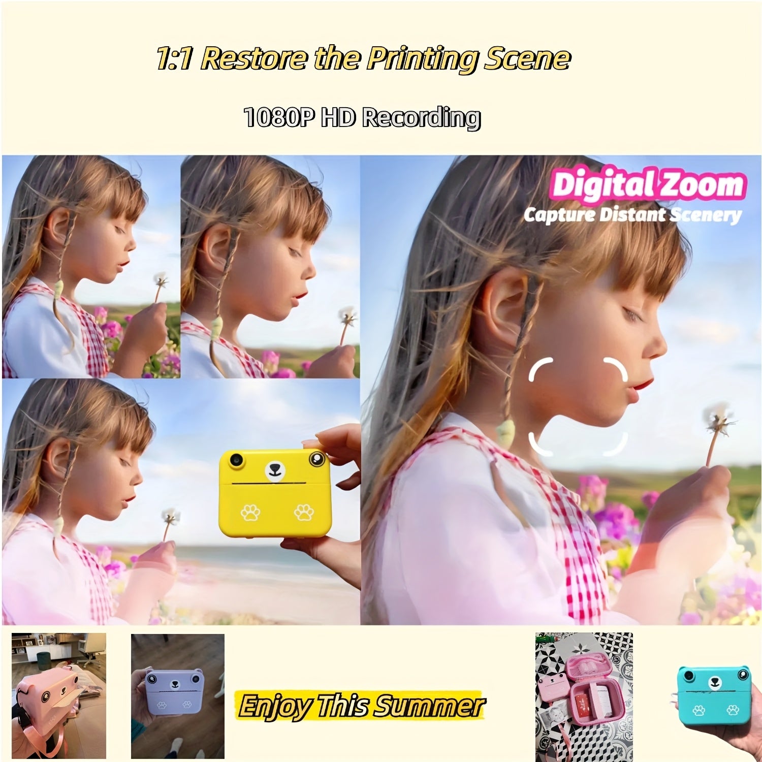 Mini Instant Print Camera for Kids – Thermal Printer, USB Rechargeable, Birthday Gift Set