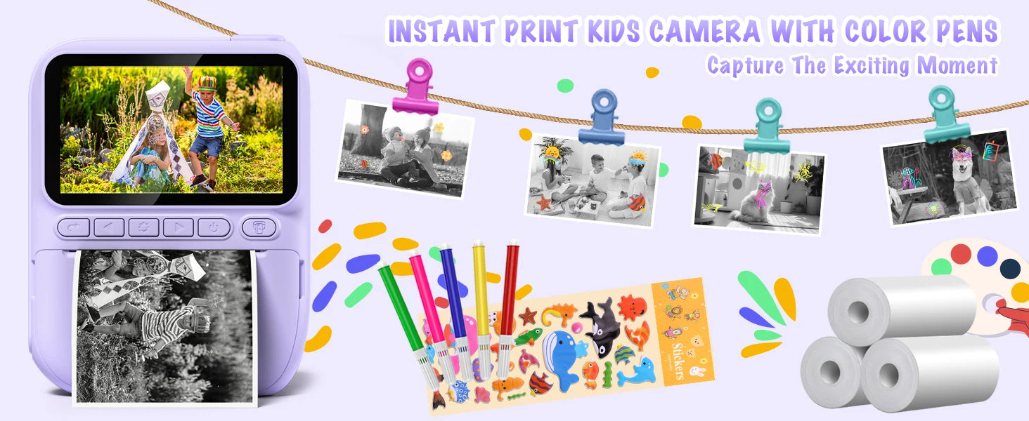 Kids Instant Print Camera – 3" HD 1080P Screen, 32MP, Zero-Ink Printing, 32GB SD Card & 3 Paper Rolls – Perfect Gift for Ages 6–12