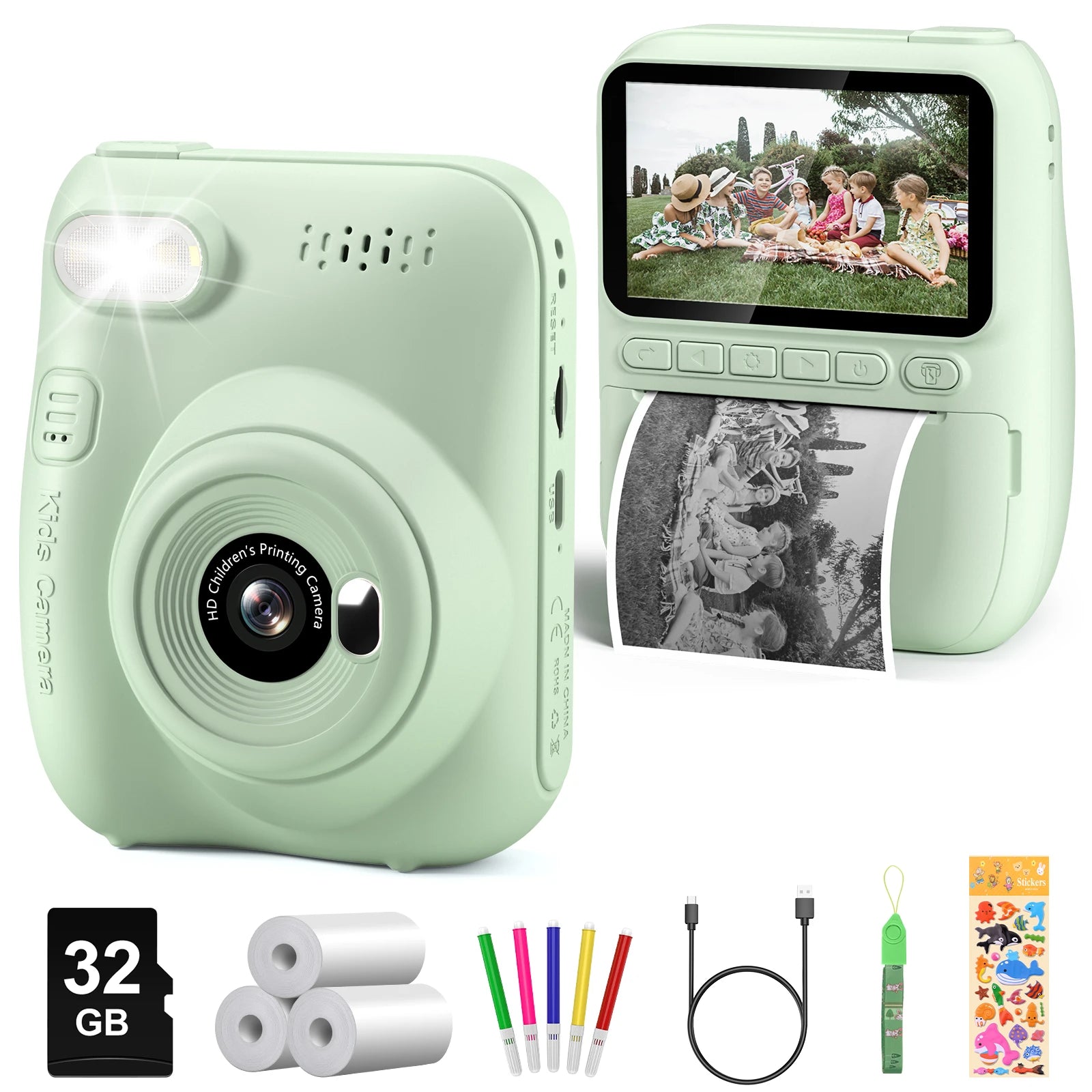 Kids Instant Print Camera – 3" HD 1080P Screen, 32MP, Zero-Ink Printing, 32GB SD Card & 3 Paper Rolls – Perfect Gift for Ages 6–12