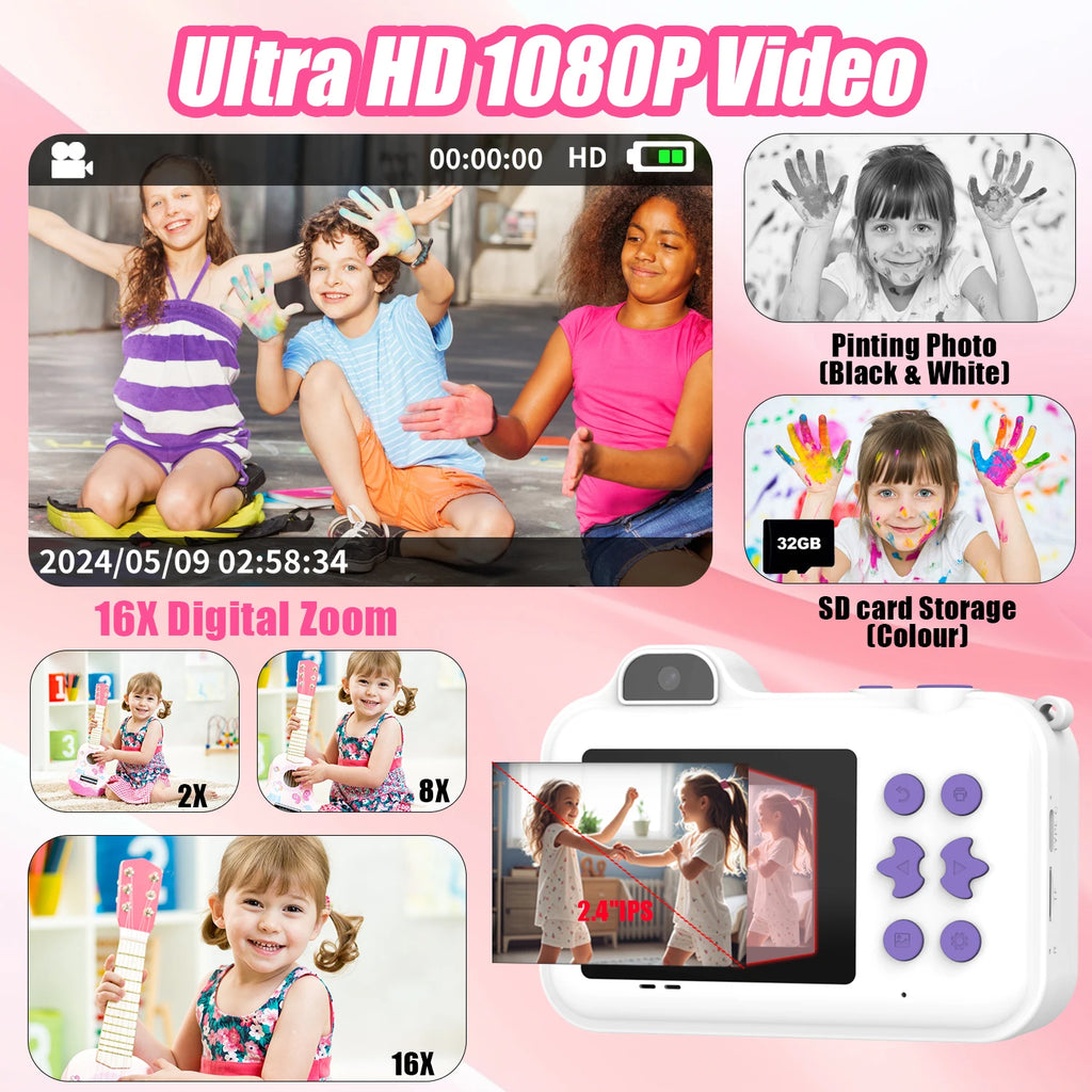 Instant Print Camera – HD Dual Lens, 16x Zoom, 1080P Video, MP3, Games & Instant Printing – Perfect Creative Gift for Kids