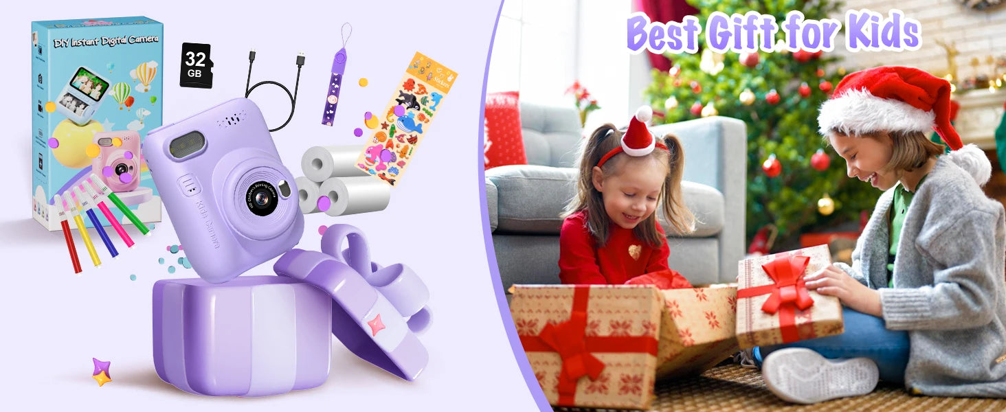 Kids Instant Print Camera – 3" HD 1080P Screen, 32MP, Zero-Ink Printing, 32GB SD Card & 3 Paper Rolls – Perfect Gift for Ages 6–12