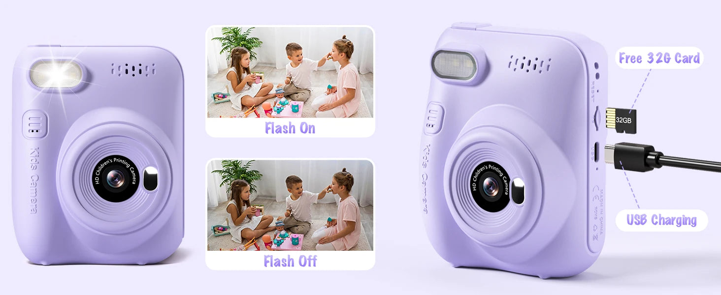 Kids Instant Print Camera – 3" HD 1080P Screen, 32MP, Zero-Ink Printing, 32GB SD Card & 3 Paper Rolls – Perfect Gift for Ages 6–12