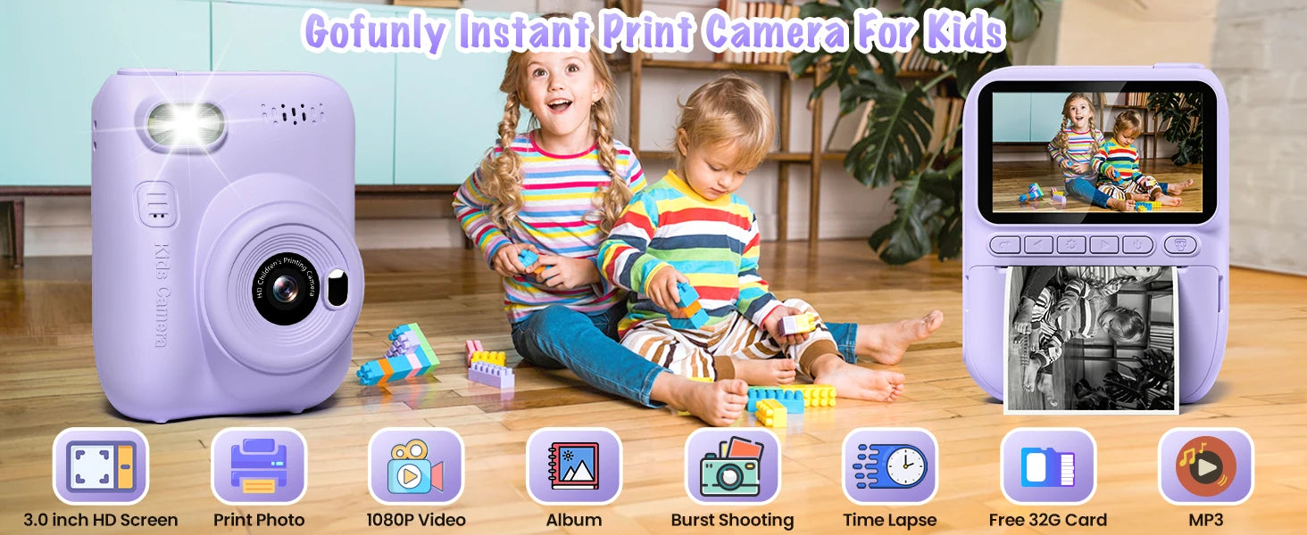 Kids Instant Print Camera – 3" HD 1080P Screen, 32MP, Zero-Ink Printing, 32GB SD Card & 3 Paper Rolls – Perfect Gift for Ages 6–12