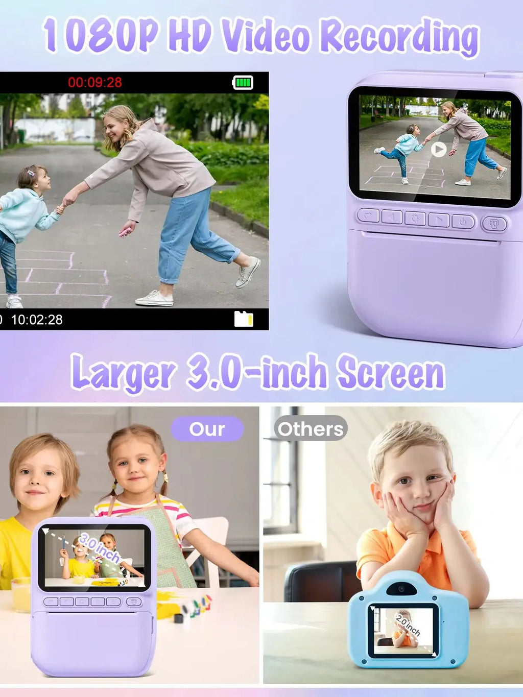 Kids Instant Print Camera – 3" HD 1080P Screen, 32MP, Zero-Ink Printing, 32GB SD Card & 3 Paper Rolls – Perfect Gift for Ages 6–12