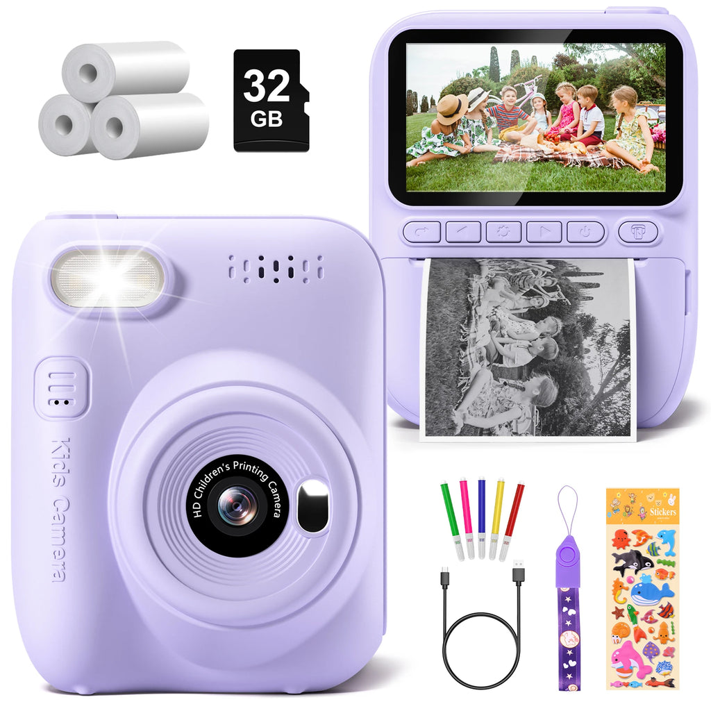 Kids Instant Print Camera – 3" HD 1080P Screen, 32MP, Zero-Ink Printing, 32GB SD Card & 3 Paper Rolls – Perfect Gift for Ages 6–12