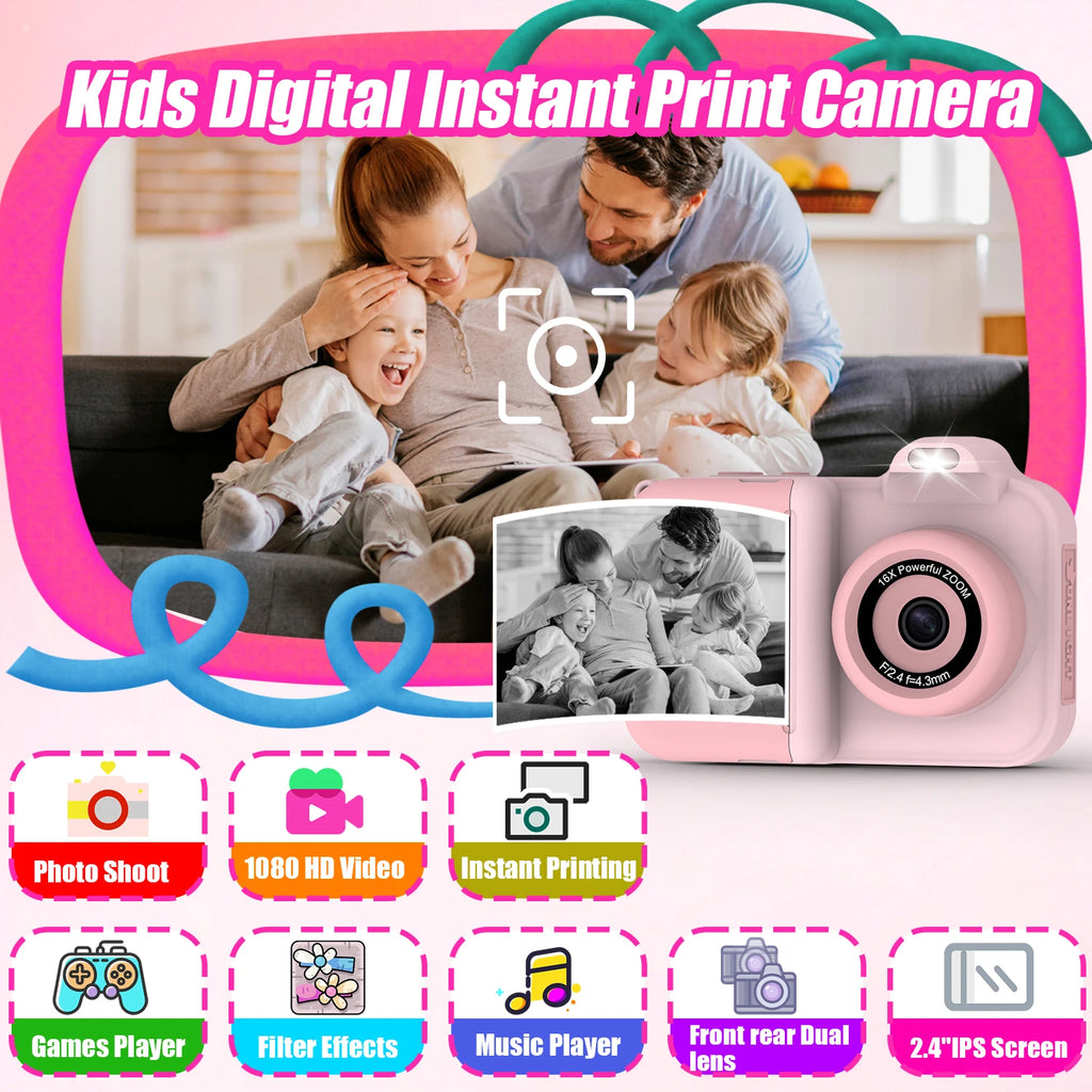 Instant Print Camera – HD Dual Lens, 16x Zoom, 1080P Video, MP3, Games & Instant Printing – Perfect Creative Gift for Kids