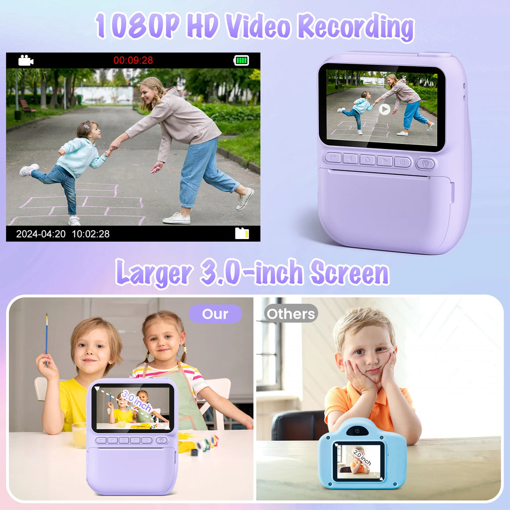 Kids Instant Print Camera – 3" HD 1080P Screen, 32MP, Zero-Ink Printing, 32GB SD Card & 3 Paper Rolls – Perfect Gift for Ages 6–12