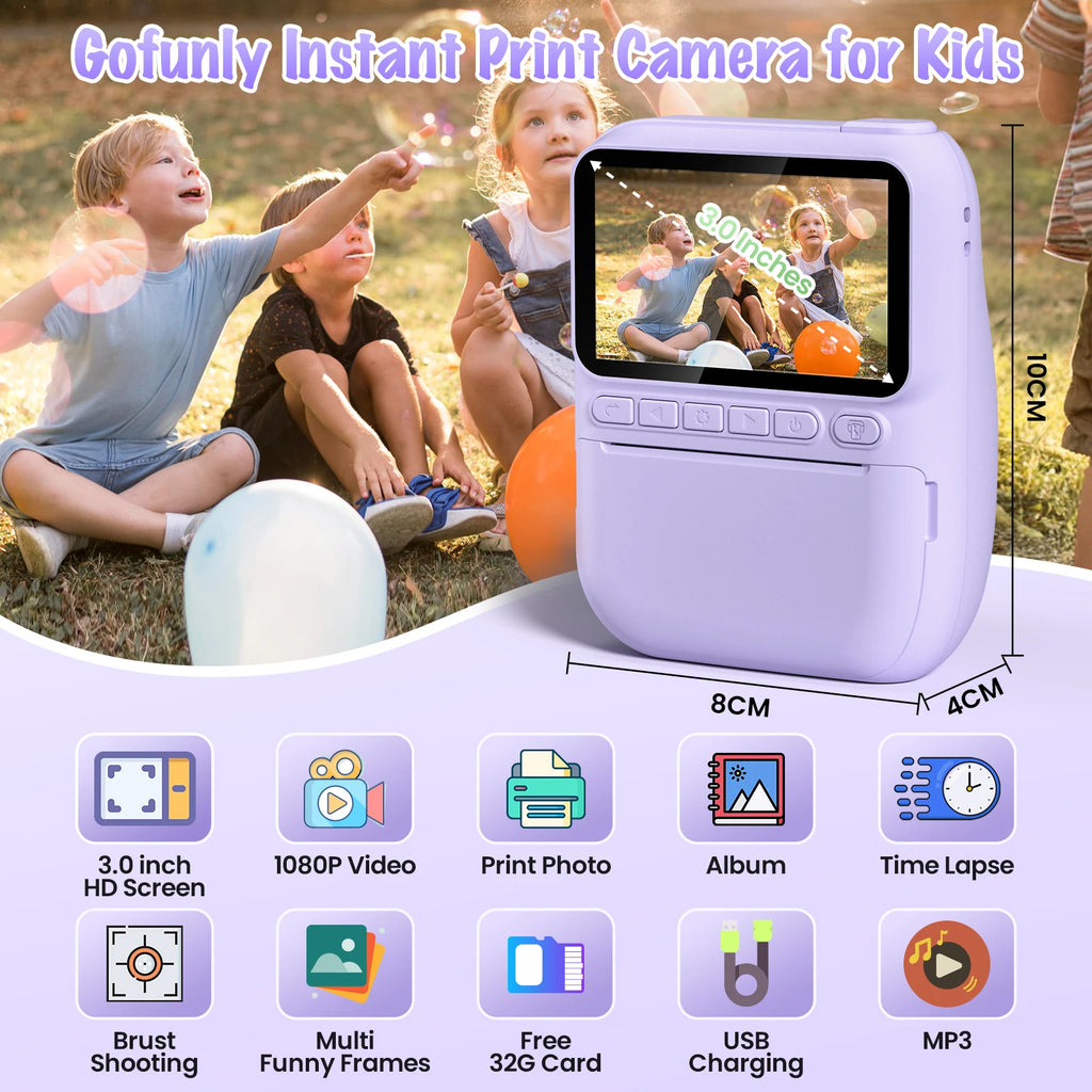Kids Instant Print Camera – 3" HD 1080P Screen, 32MP, Zero-Ink Printing, 32GB SD Card & 3 Paper Rolls – Perfect Gift for Ages 6–12