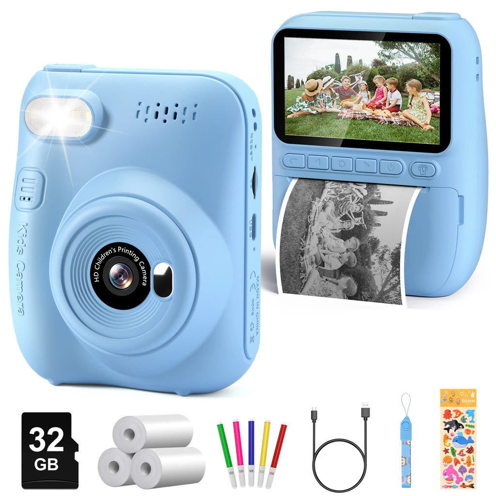 Kids Instant Print Camera – 3" HD 1080P Screen, 32MP, Zero-Ink Printing, 32GB SD Card & 3 Paper Rolls – Perfect Gift for Ages 6–12