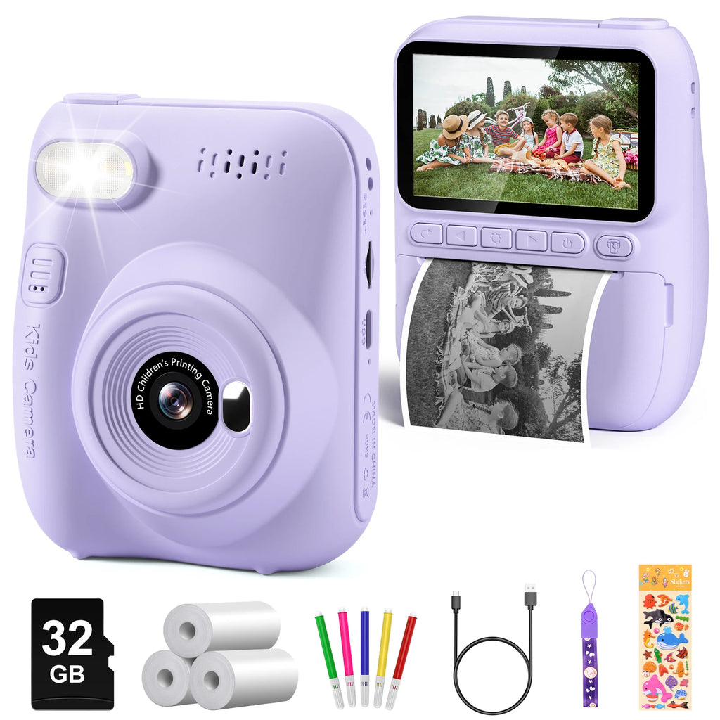 Kids Instant Print Camera – 3" HD 1080P Screen, 32MP, Zero-Ink Printing, 32GB SD Card & 3 Paper Rolls – Perfect Gift for Ages 6–12