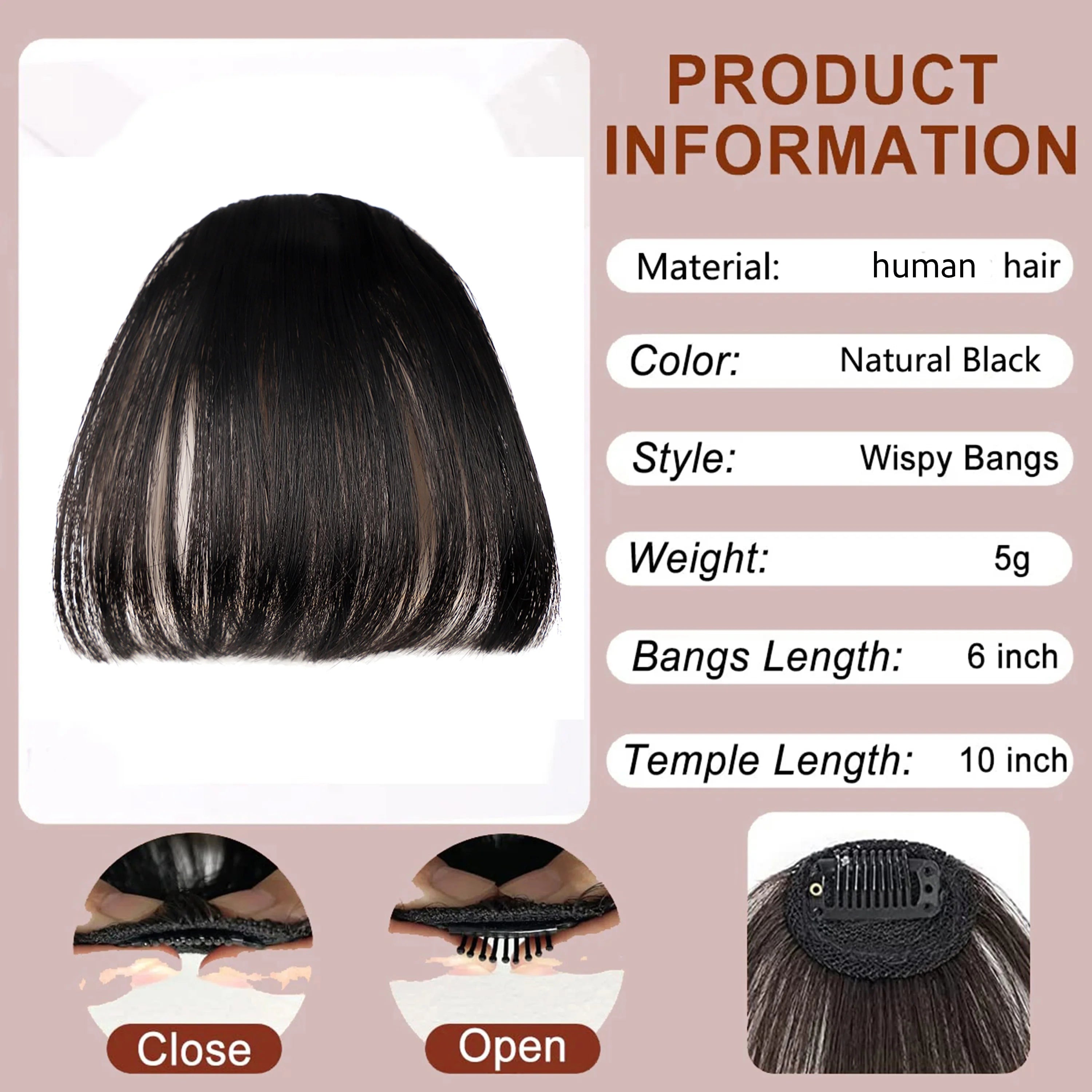 100% Human Hair Clip-In Bangs with Sideburns – Natural Blunt Fringe, Real Remy Hair, Easy Clip Attachment, Instantly Transforms Your Look