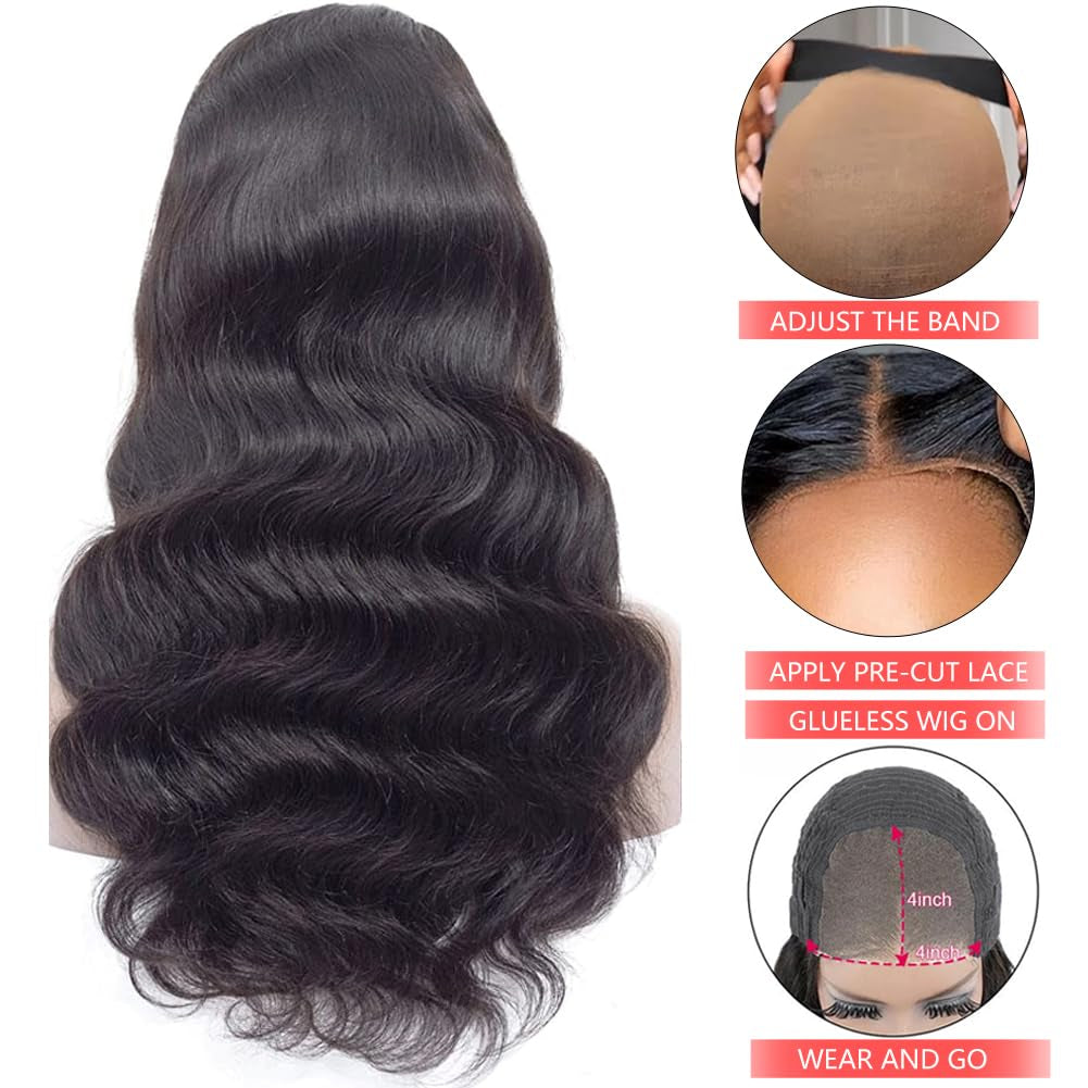 Glueless Wig Human Hair Wear and Go Pre Plucked 4X4 HD Lace Front Pre Cut Body Wave Lace Front Wigs Natural Hairline Wigs Natural Color 180 Density (16 Inch)