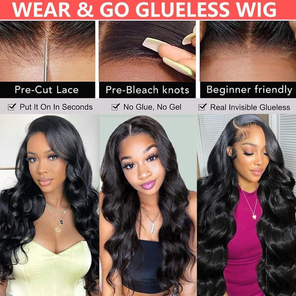 Glueless Wig Human Hair Wear and Go Pre Plucked 4X4 HD Lace Front Pre Cut Body Wave Lace Front Wigs Natural Hairline Wigs Natural Color 180 Density (16 Inch)