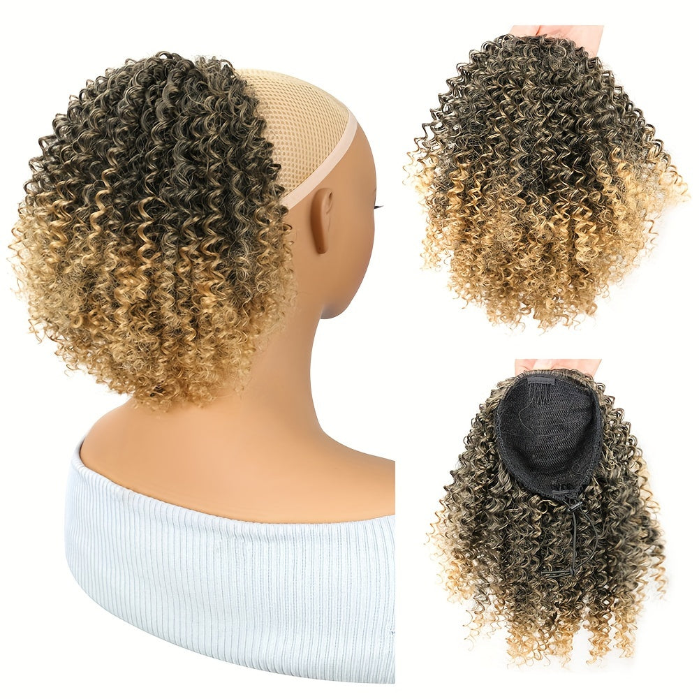 Short Afro Kinky Curly Drawstring Ponytail – 25cm Voluminous Synthetic Clip-In Extension for Effortless Natural Style