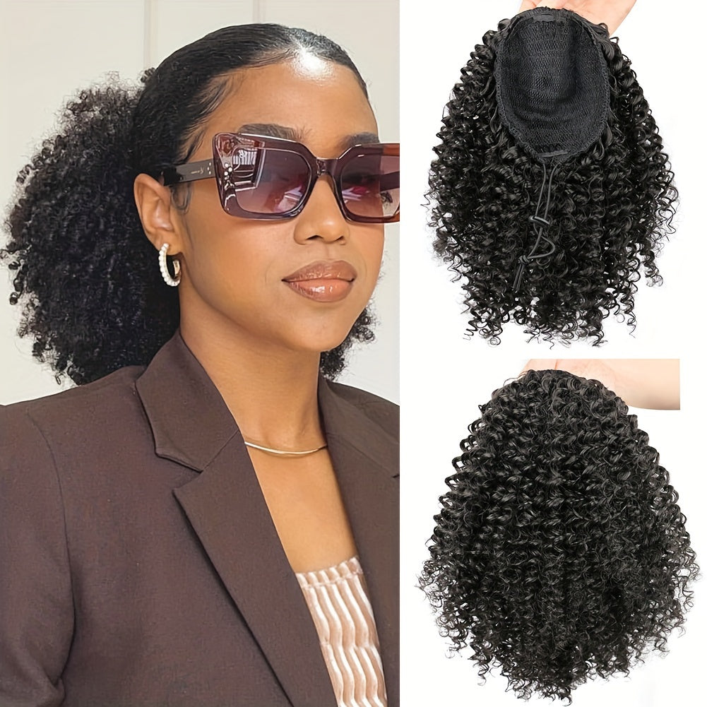 Short Afro Kinky Curly Drawstring Ponytail – 25cm Voluminous Synthetic Clip-In Extension for Effortless Natural Style